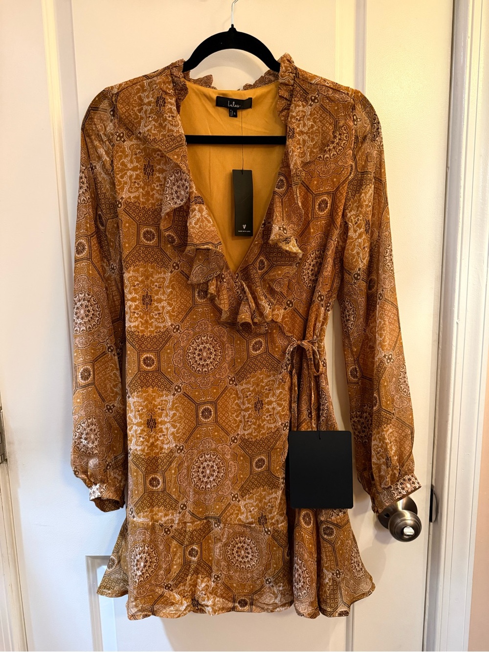 NWT Lulu's Golden Paisley Boho Wrap Dress with Ruffle Trim Girlhoodcore Fall 70s